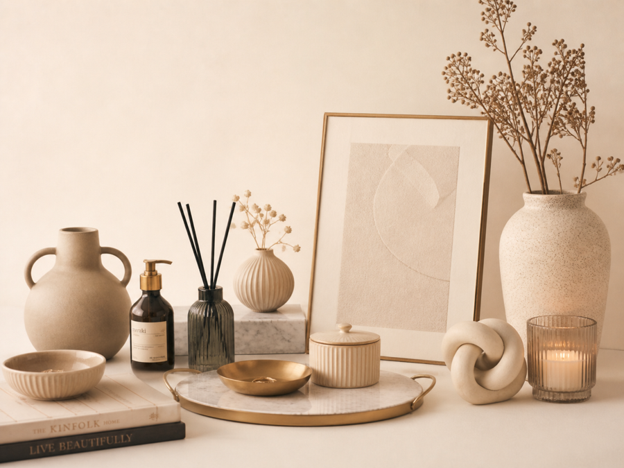 Home fragrance, ceramics, artwork, vase, candle and decorative tray.