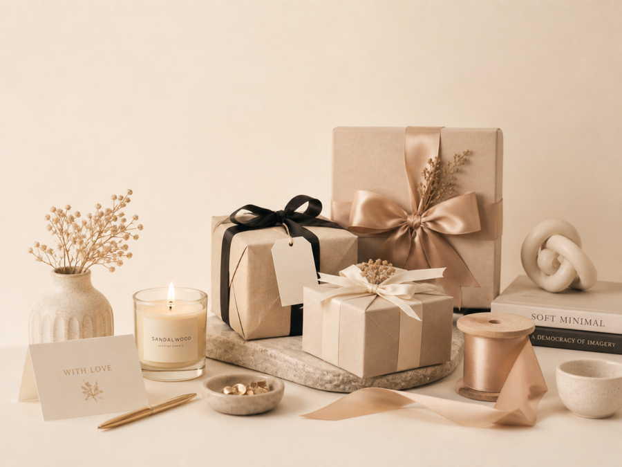 Wrapped gifts, candle, card, ribbon, ceramics and soft decorative objects.