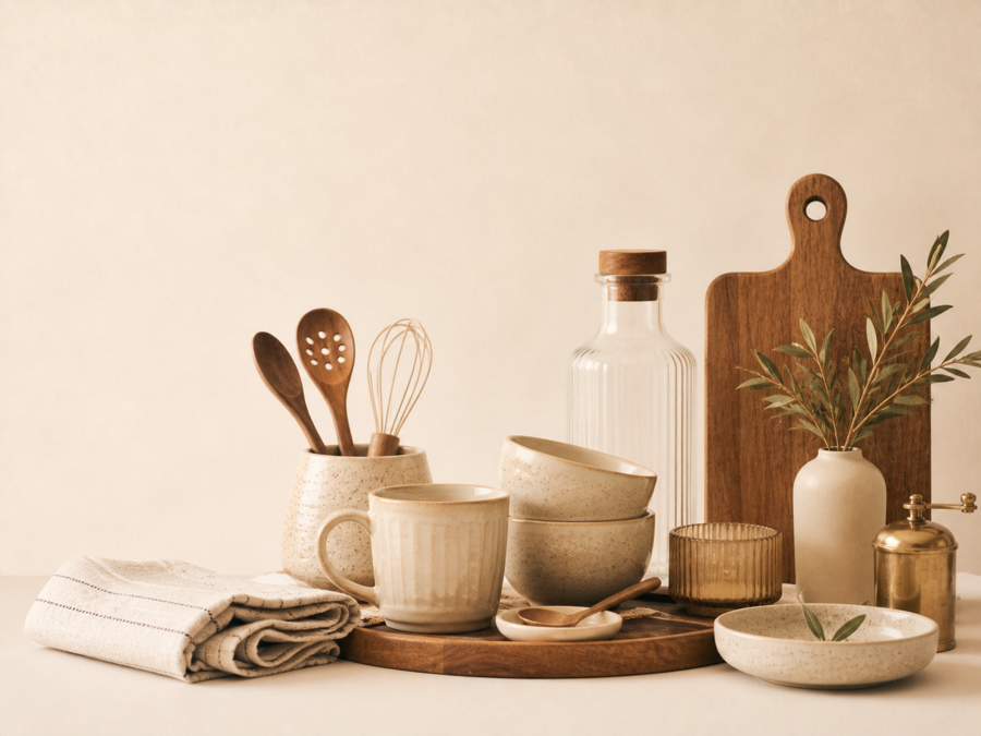 Kitchen accessories with ceramics, bowls, wooden utensils, glass bottle and cutting board.