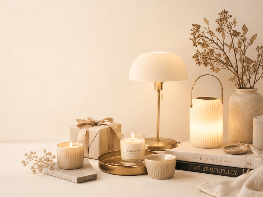 Warm table lamps, candles, wrapped gift, books and dried botanicals.