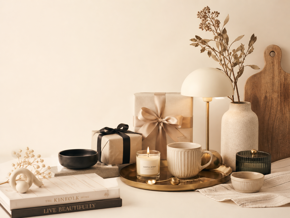 A warm arrangement of wrapped gifts, ceramics, candles, a lamp, tableware and decorative objects.